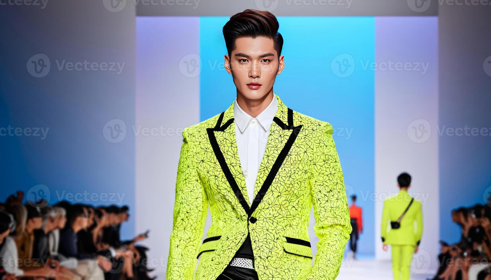 Asian male model in a vibrant neon green suit walking on a fashion runway, depicting fashion week and contemporary male apparel trends photo