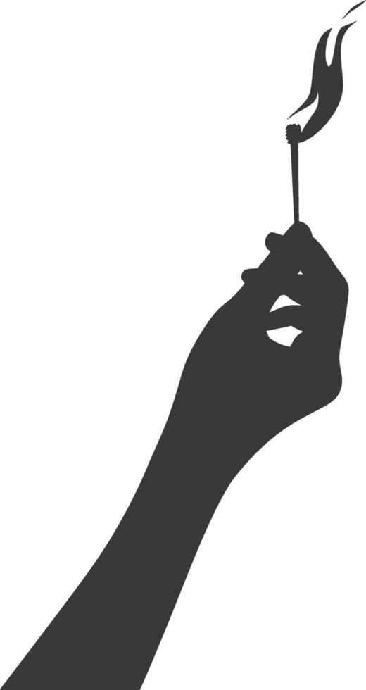 Silhouette hand holding burning match black color only vector