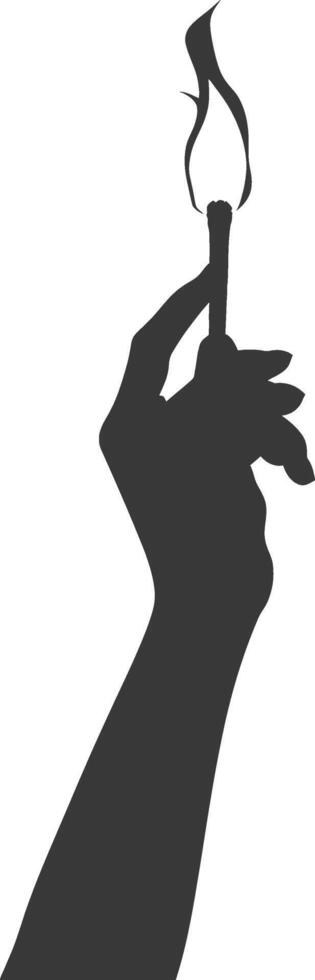 Silhouette hand holding burning match black color only vector