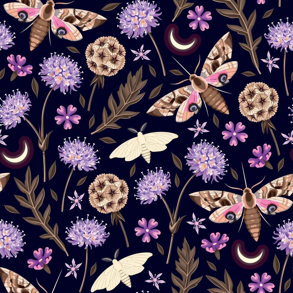 Seamless pattern with moth and garden flowers on dark background vector