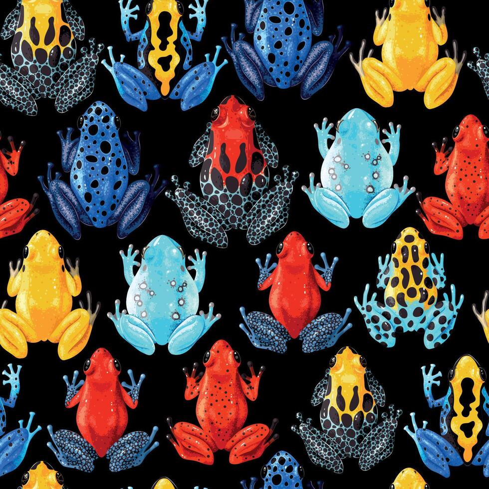 Seamless pattern with vivid tropical frogs on black background vector