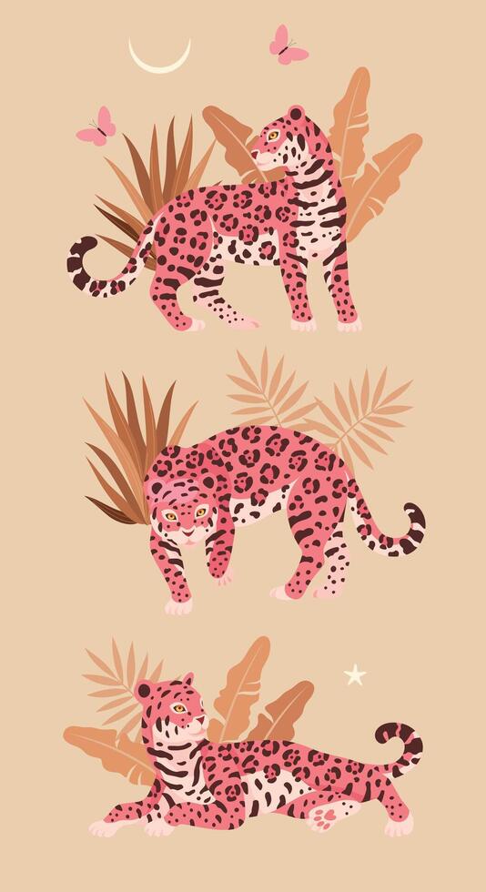 Illustration of cute pink jaguars and palm leaves vector