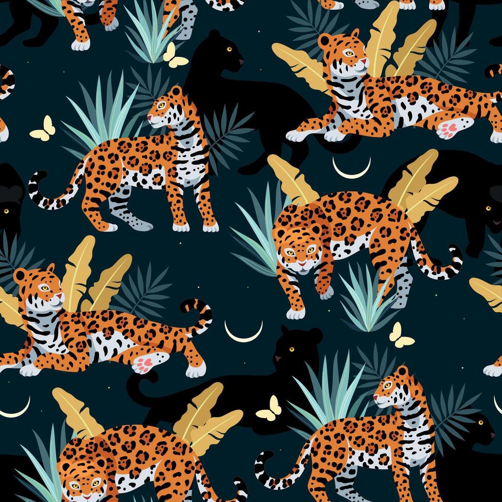 Seamless pattern with cute jaguar and golden palm leaves on the black background vector
