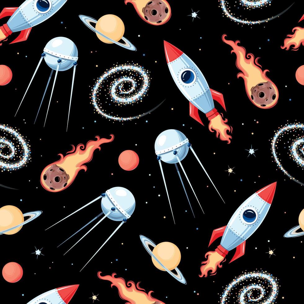 Seamless pattern with cartoon space objects on black background vector