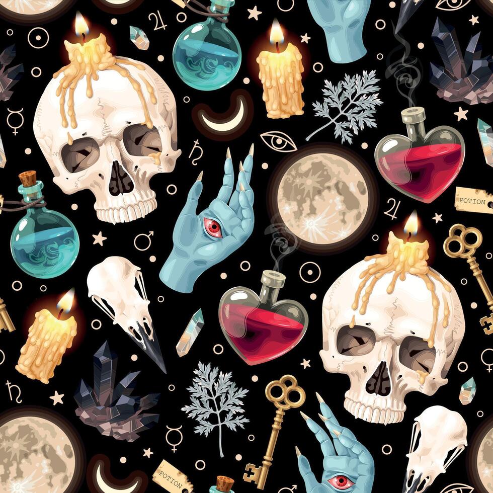 Seamless magic pattern with high detailed supplies for witchcraft vector