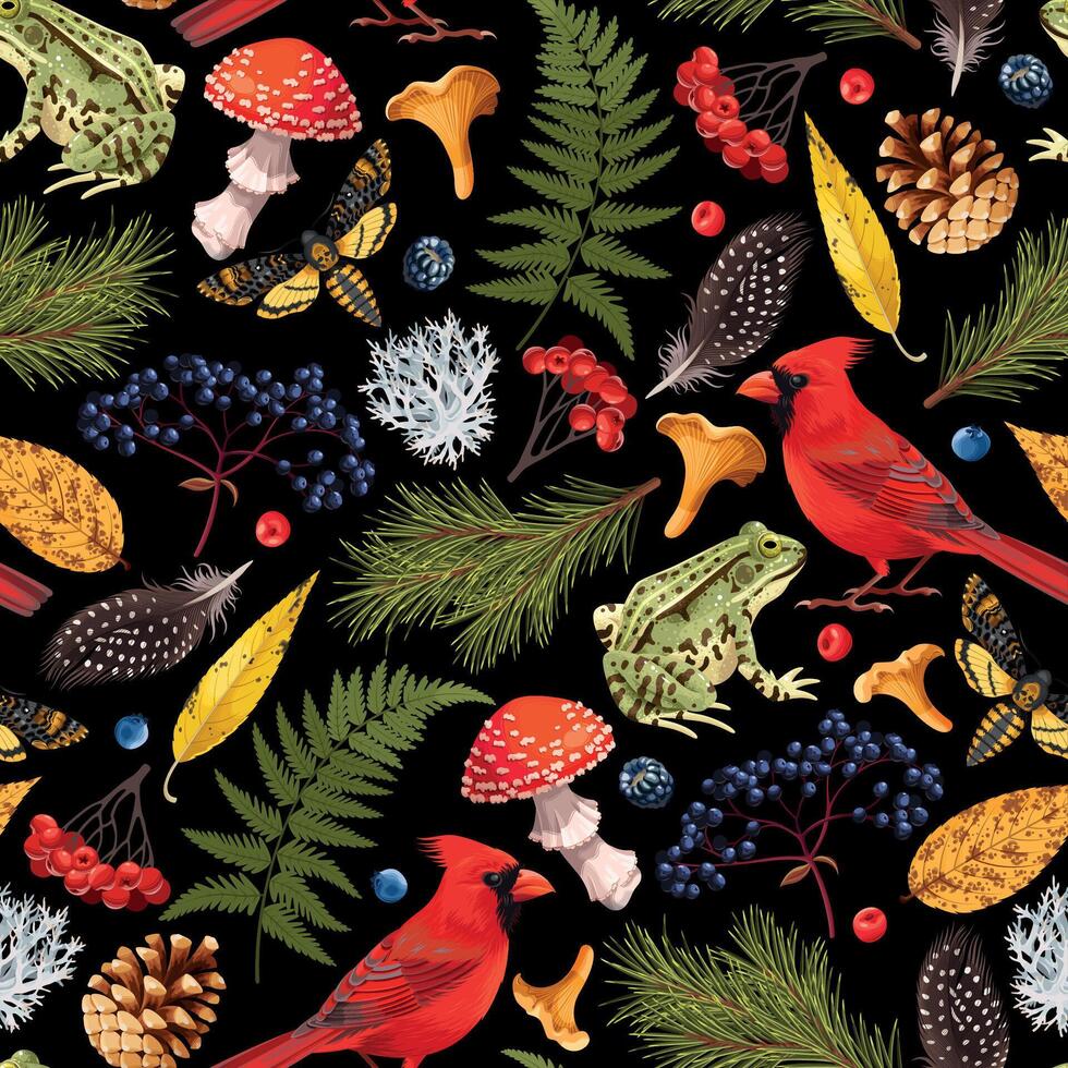 Seamless pattern with autumn forest flora and fauna vector