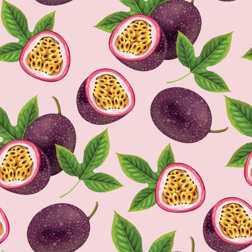 Seamless pattern with whole passion fruit, half and green leaves vector