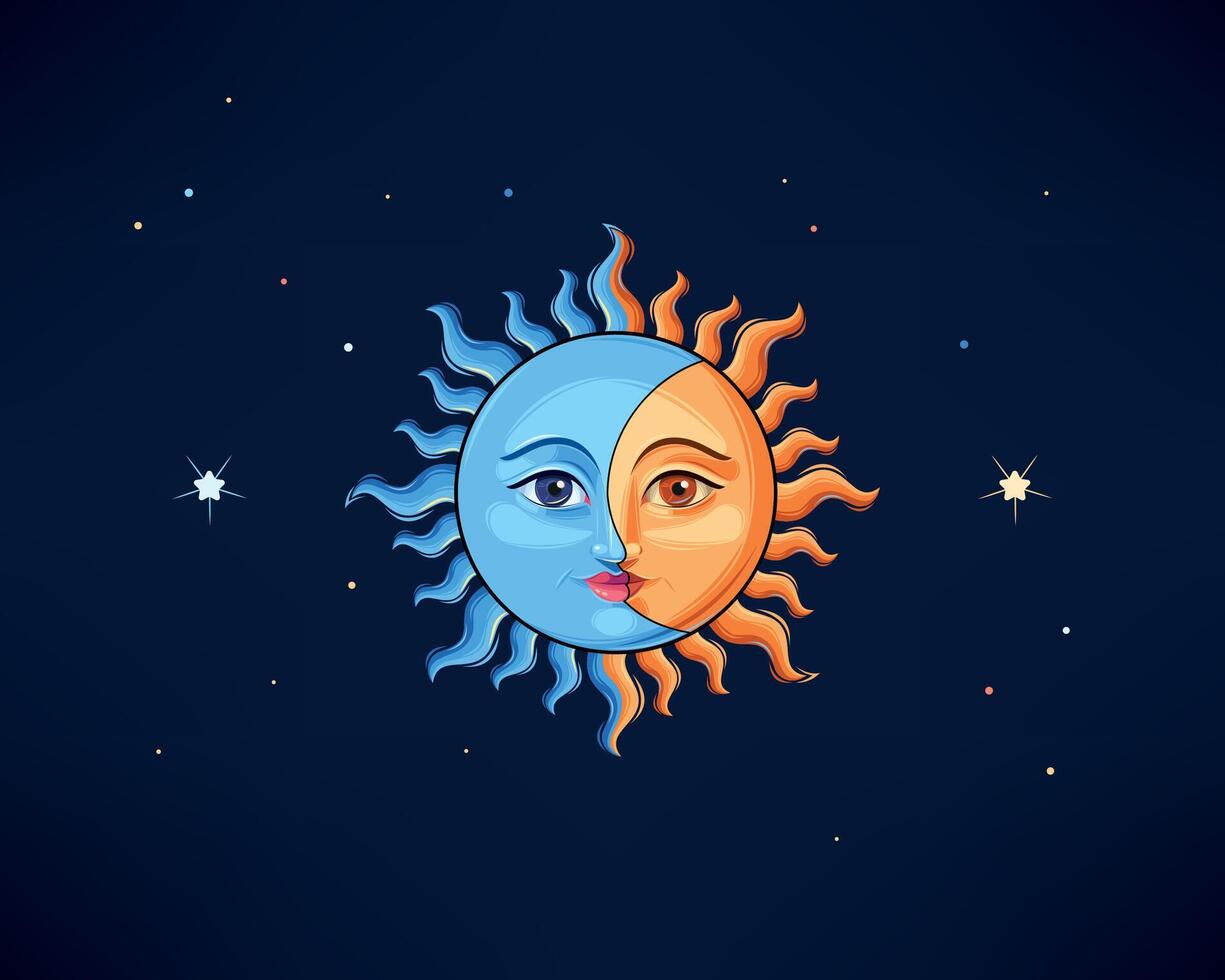 ilustración de sol, Luna y estrellas en Clásico estilo vector