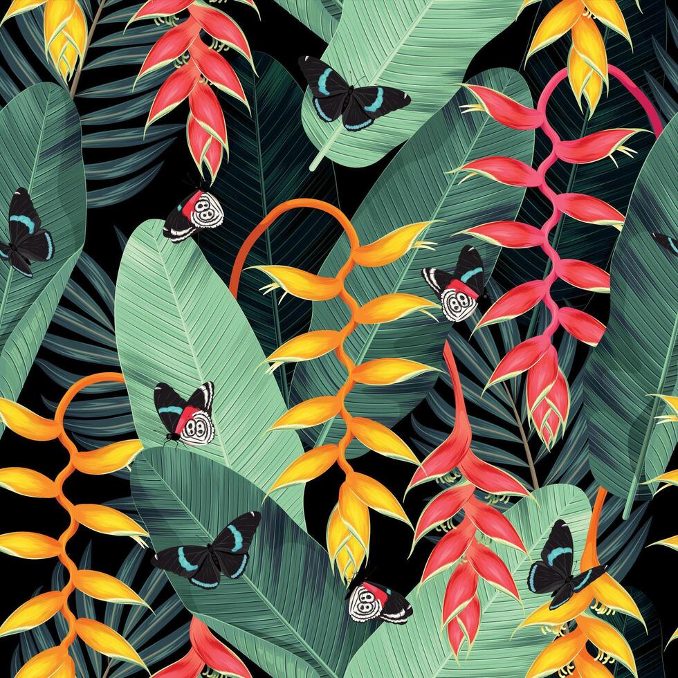 Seamless pattern with red and yellow tropical flowers and palm leaves vector