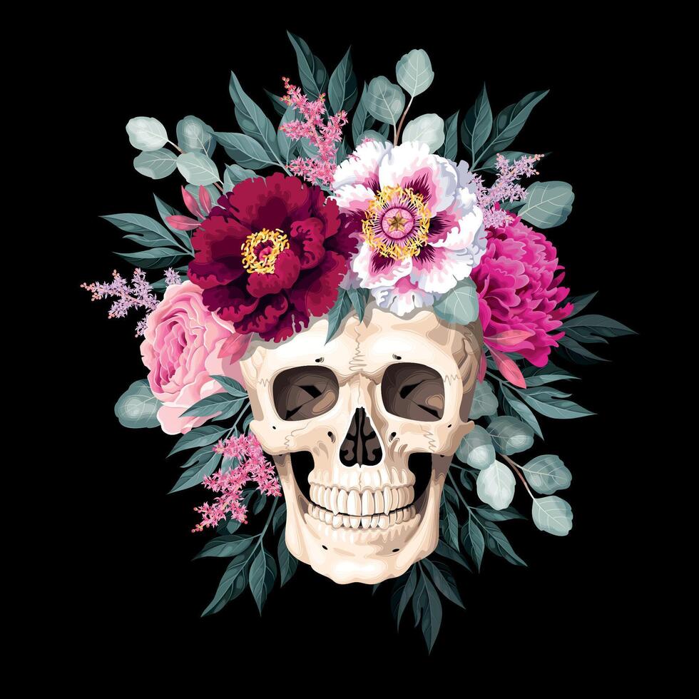 Illustration with high detailed human skull and flowers vector