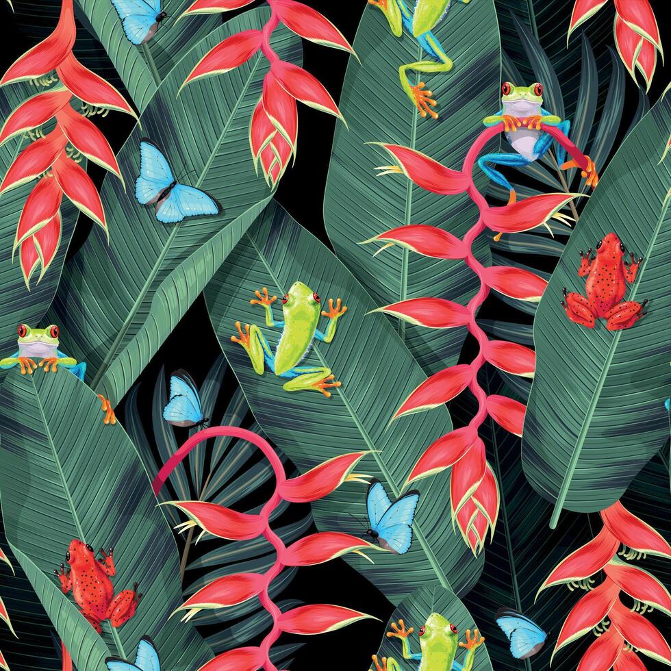 Seamless pattern with tree frog and tropical flowers on black background vector