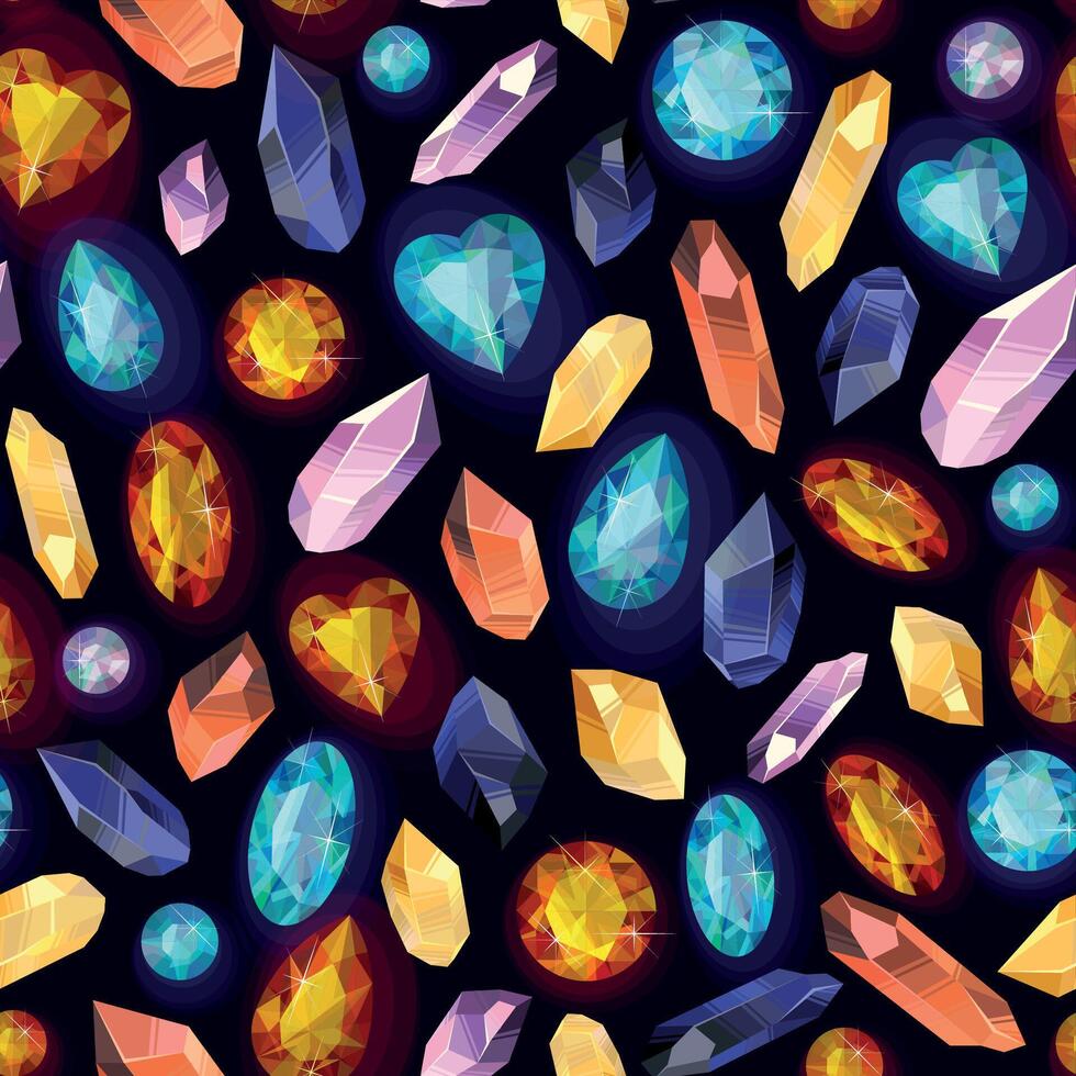 Seamless pattern with crystals and gems of different shape and color vector