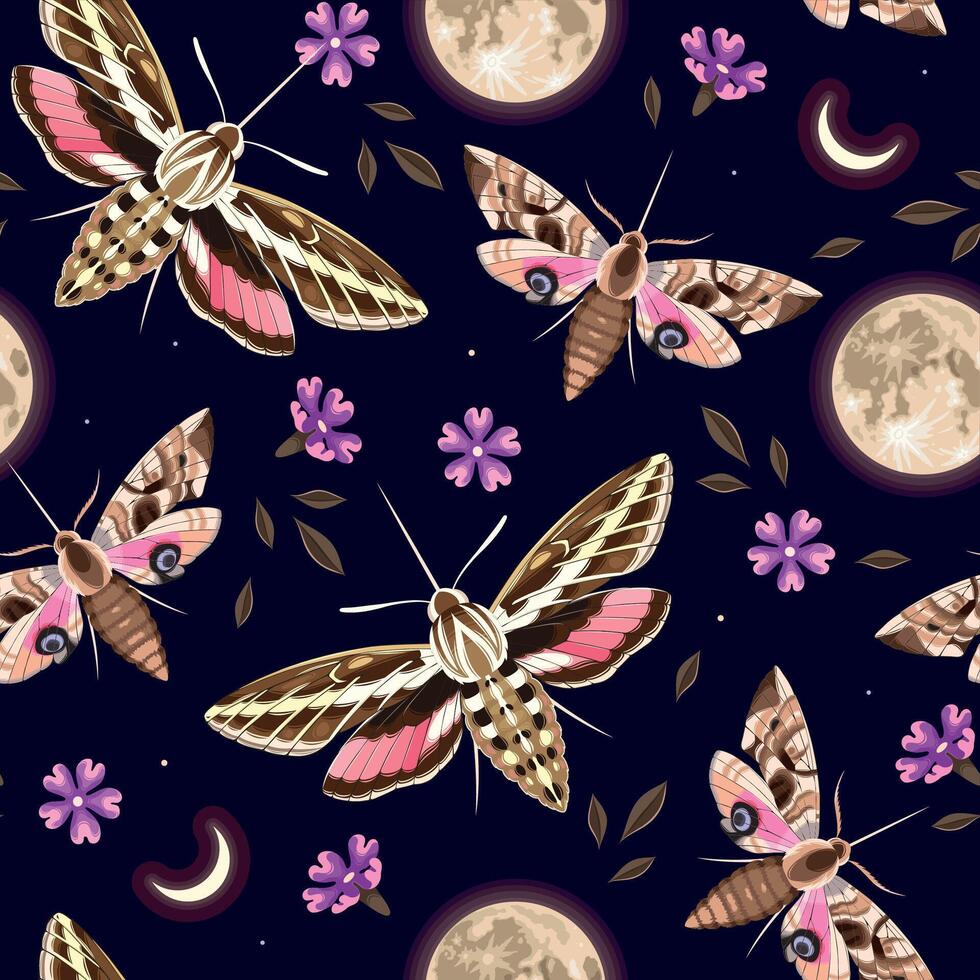 Seamless pattern with moth and garden flowers on black background vector