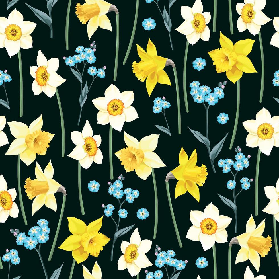 Seamless pattern with yellow and white daffodil on black background vector