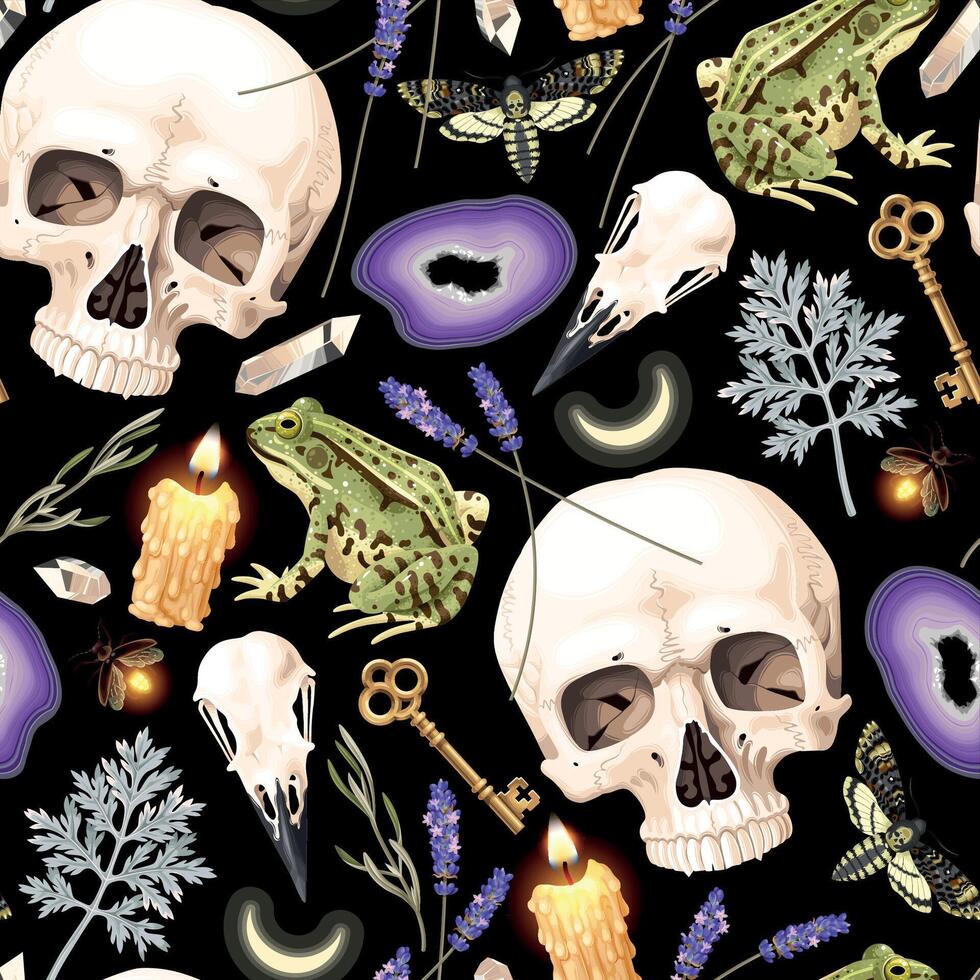 Seamless magic pattern with high detailed supplies for witchcraft vector