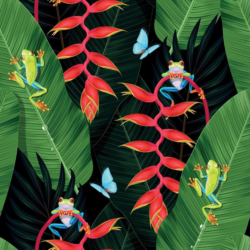 Seamless pattern with tree frog and tropical flowers on black background vector