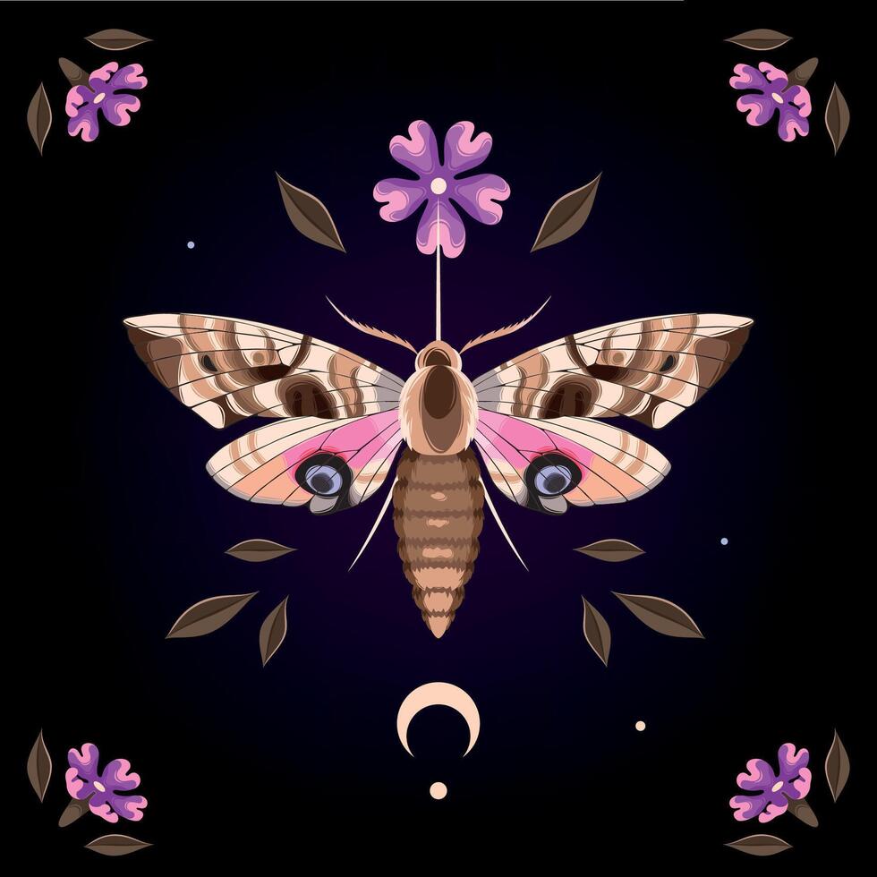 Illustration of high detailed moth, purple flower and moon on black background vector