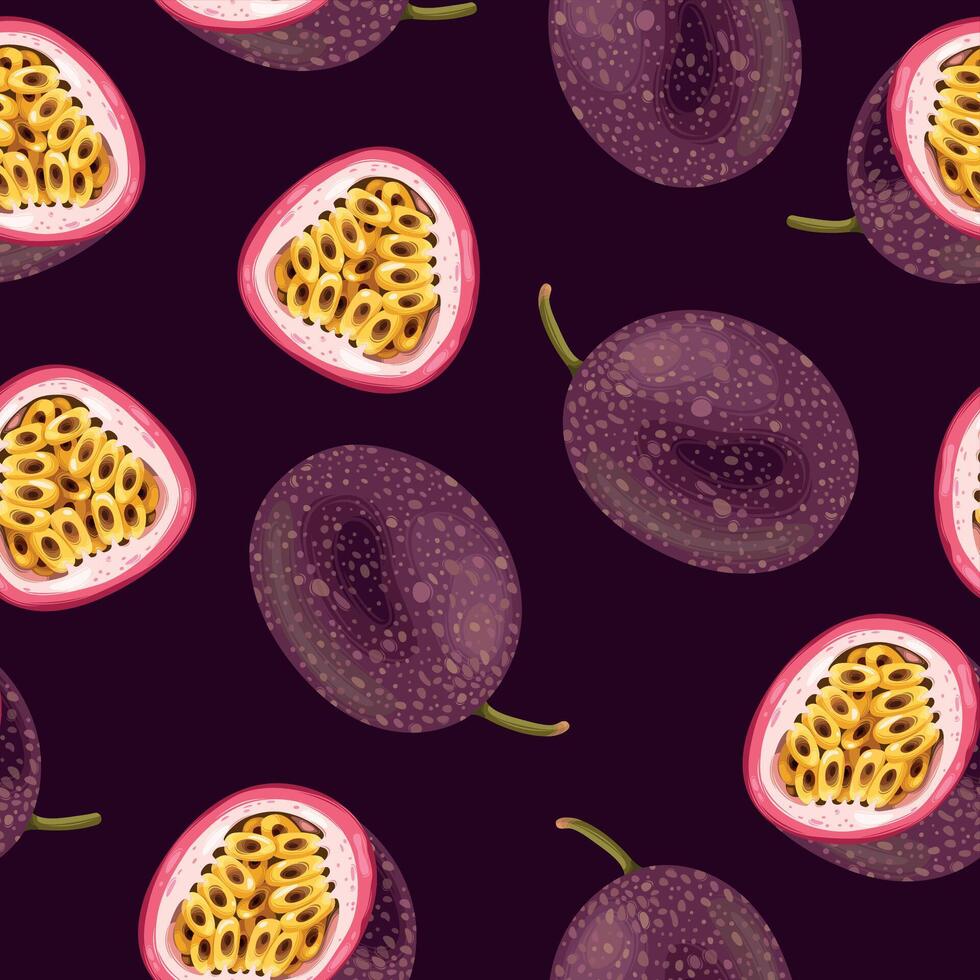 Seamless pattern with whole passion fruit and sliced on dark background vector