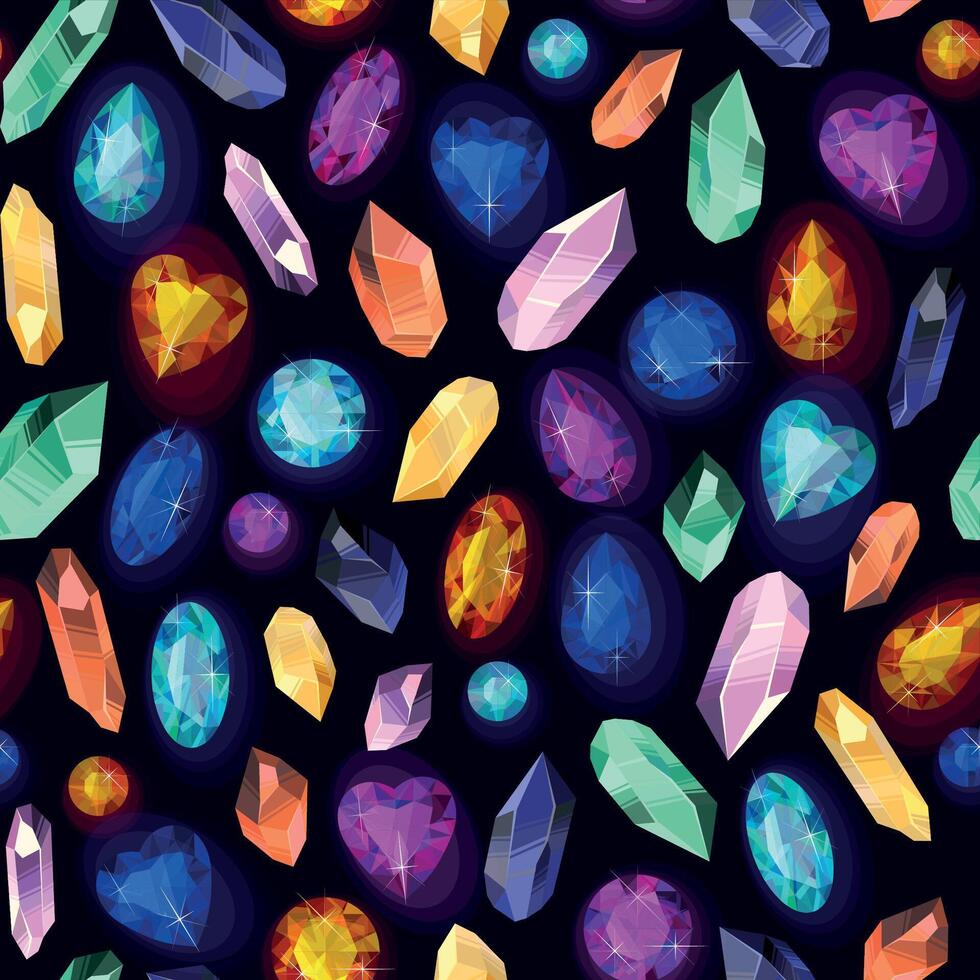 Seamless pattern with crystals and gems of different shape and color vector