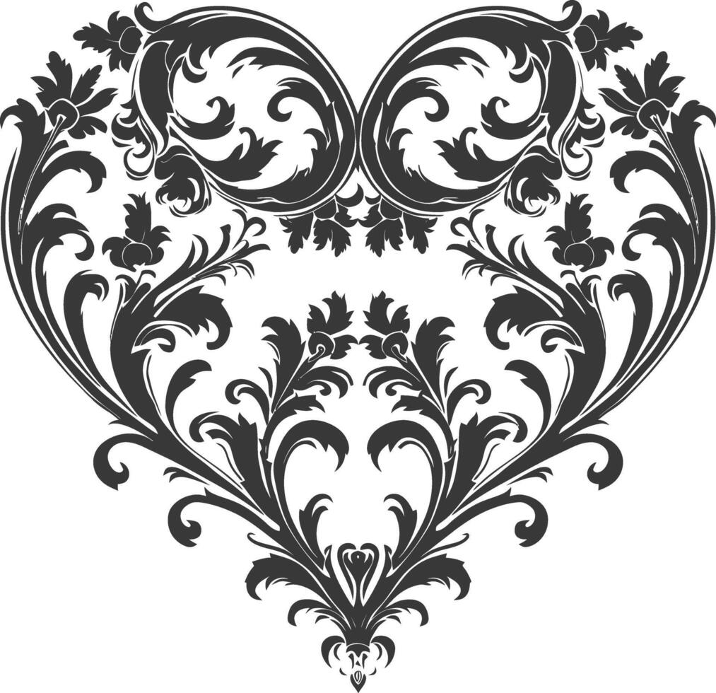 Silhouette Hearth shape Baroque ornament with filigree floral element black color only vector