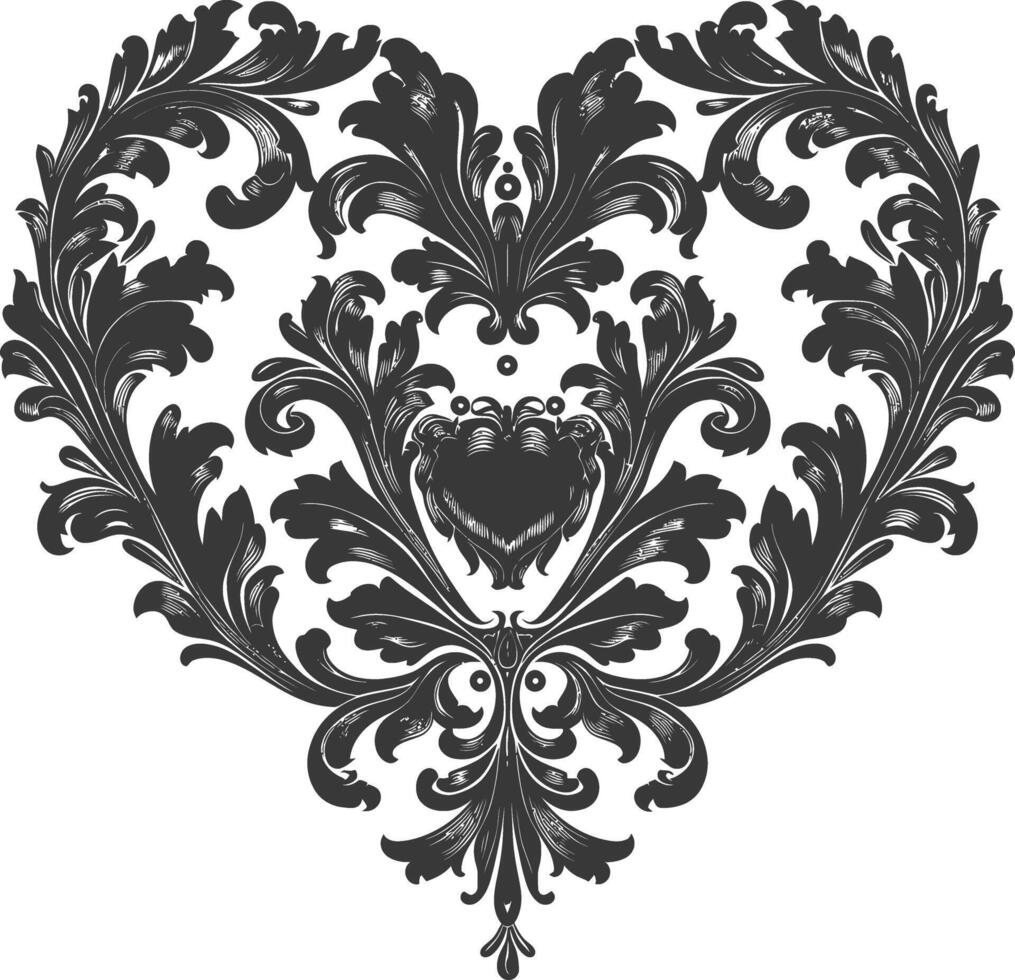 Silhouette Hearth shape Baroque ornament with filigree floral element black color only vector