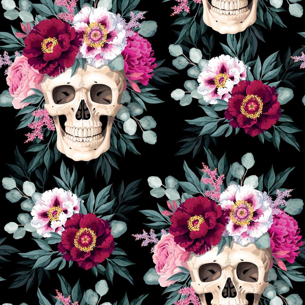 Seamless pattern with high detailed human skull and flowers vector