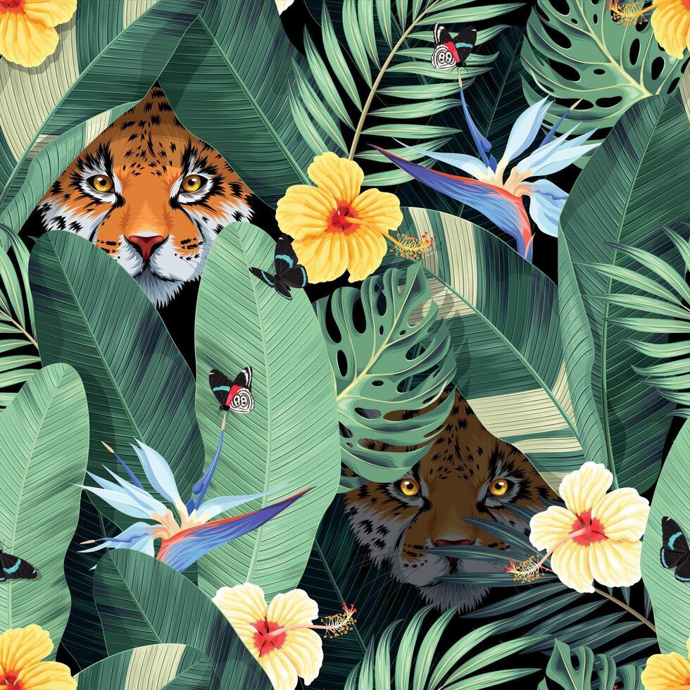 Seamless pattern with jaguar and palm leaves with tropical flowers vector