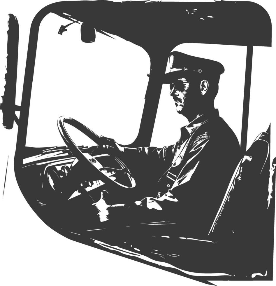 Silhouette bus driver in action full body black color only vector