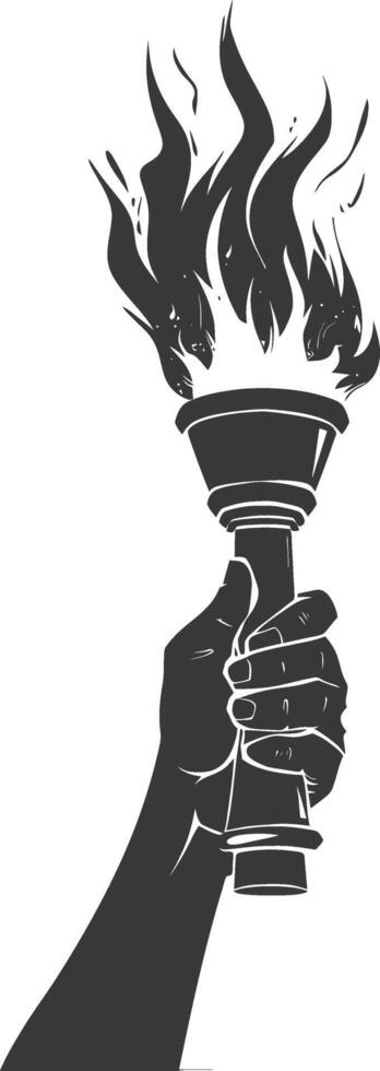 Silhouette hand holding burning torch black color only vector