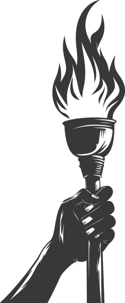 Silhouette hand holding burning torch black color only vector