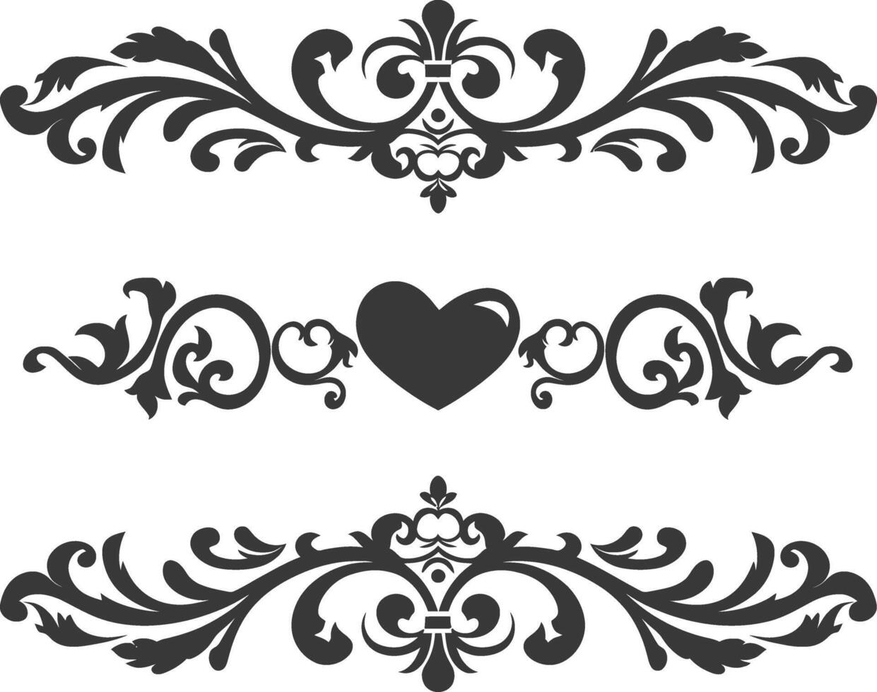 Silhouette horizontal line divider with Hearth shape ornament black color only vector