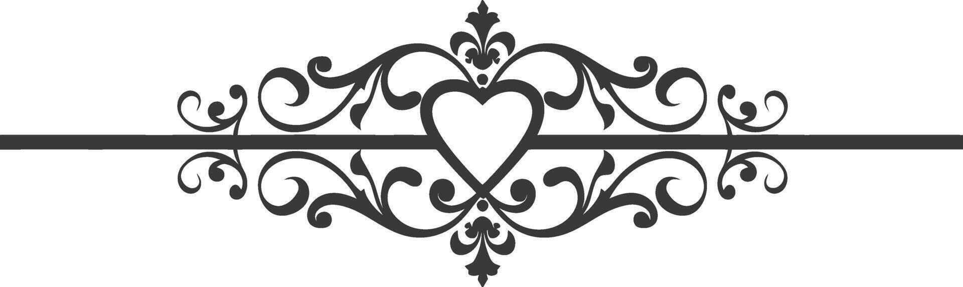 Silhouette horizontal line divider with Hearth shape ornament black color only vector