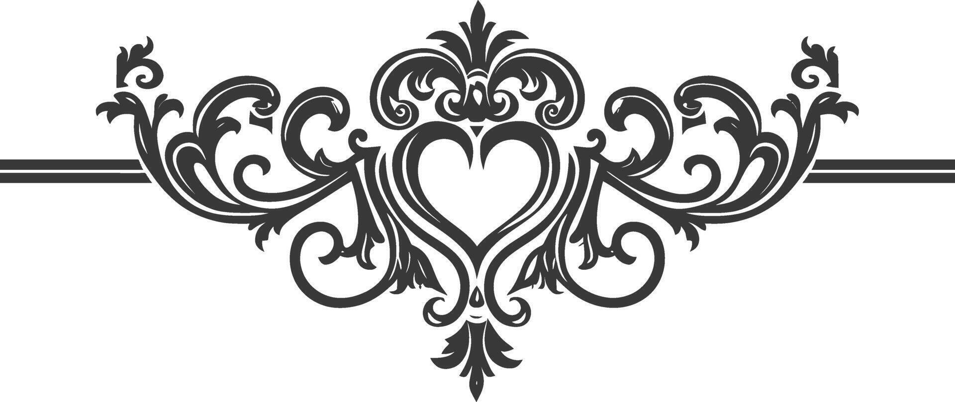 Silhouette horizontal line divider with Hearth shape ornament black color only vector