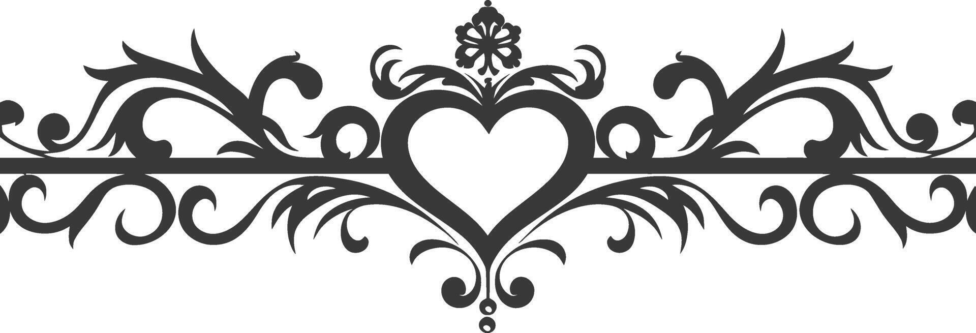 Silhouette horizontal line divider with Hearth shape ornament black color only vector