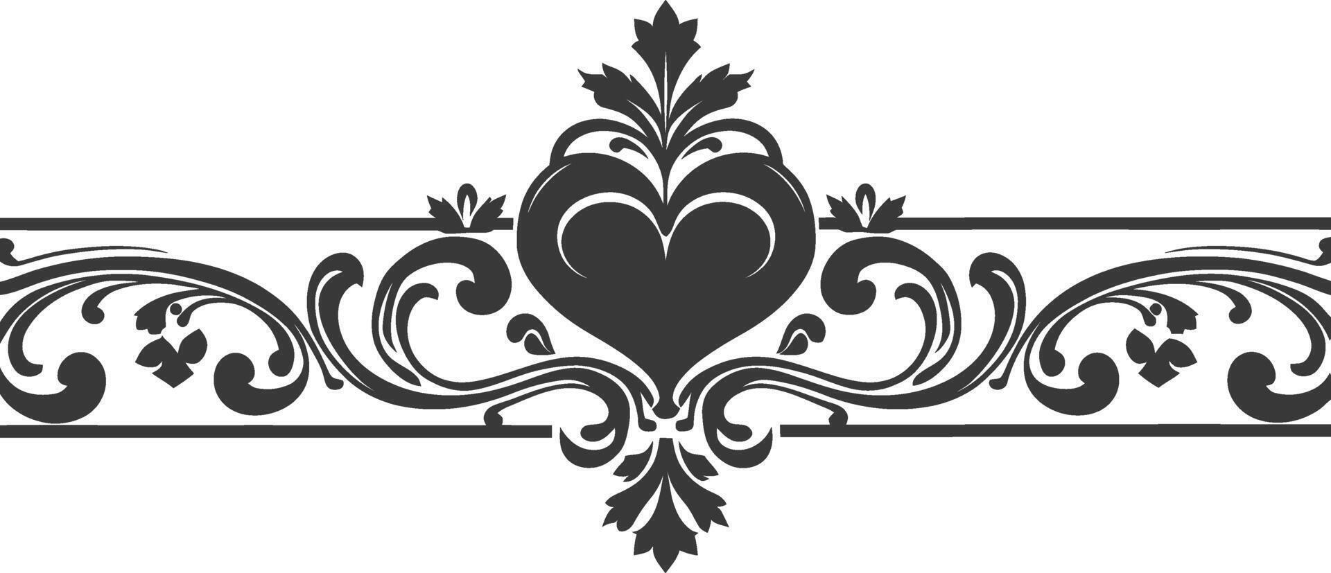 Silhouette horizontal line divider with Hearth shape ornament black color only vector