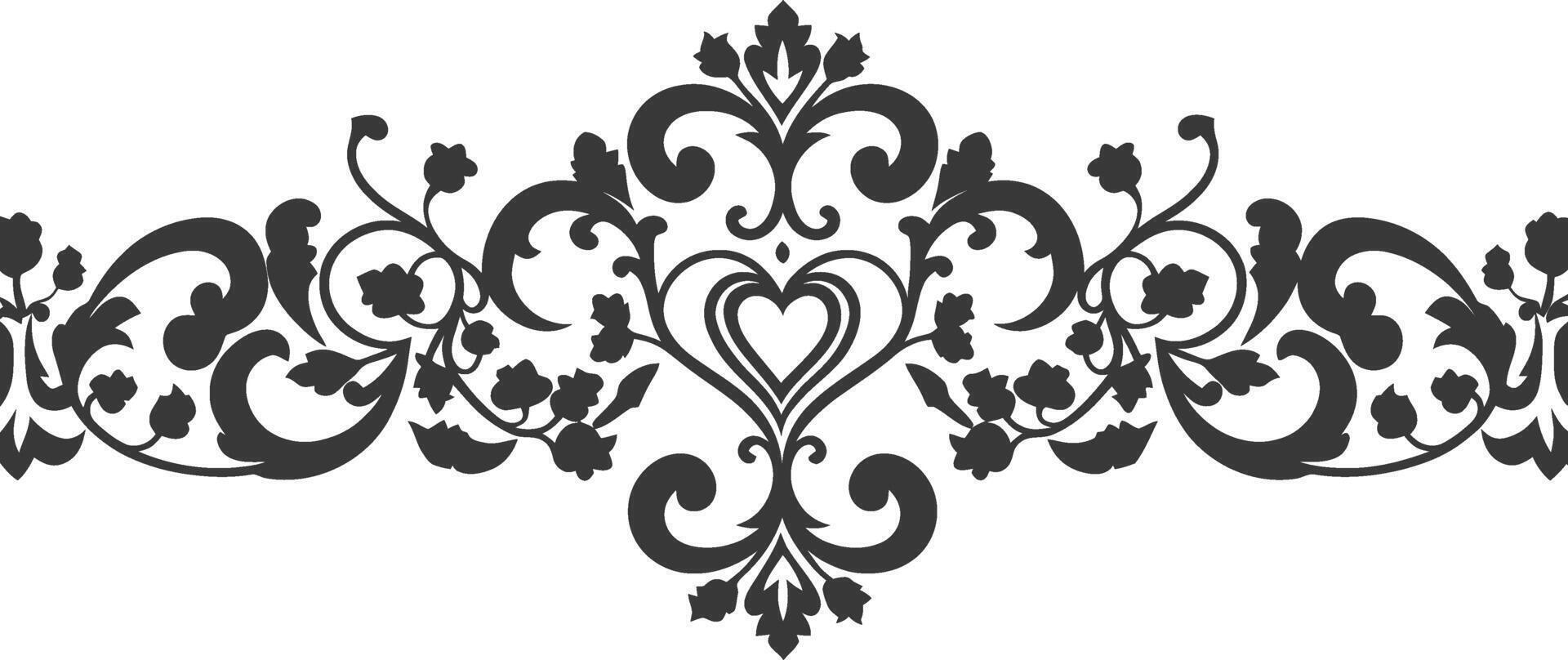 Silhouette horizontal line divider with Hearth shape ornament black color only vector