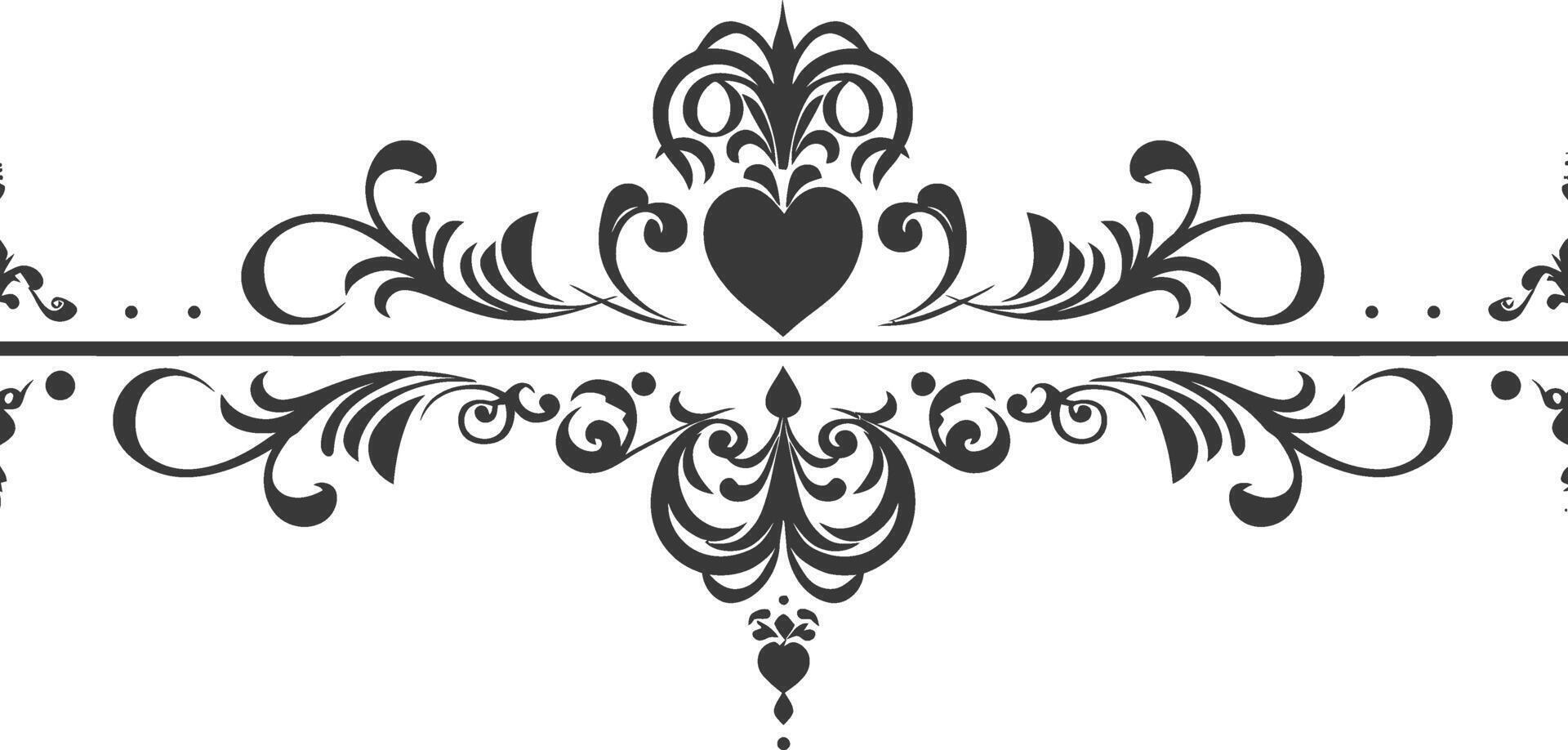 Silhouette horizontal line divider with Hearth shape ornament black color only vector