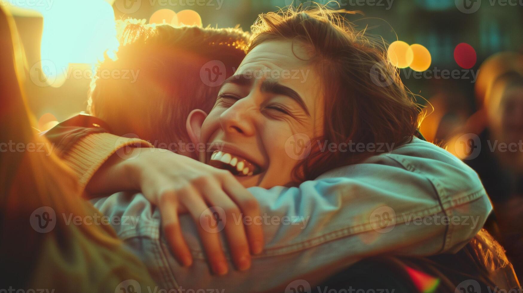 Joyful friends embracing at a sunset festival, capturing the spirit of youth and friendship during summer gatherings or International Day of Friendship photo