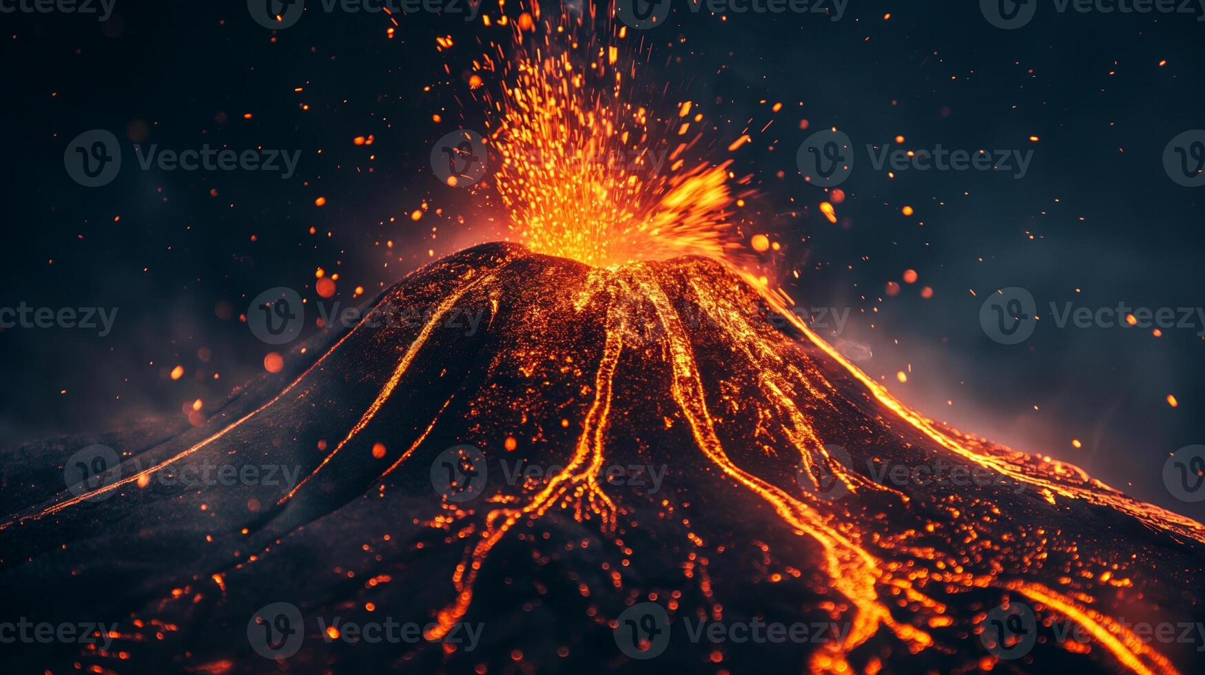 An eerie representation of a volcanic eruption, with a simple cone-shaped mound spewing red and orange paper strips against a dark backdrop photo