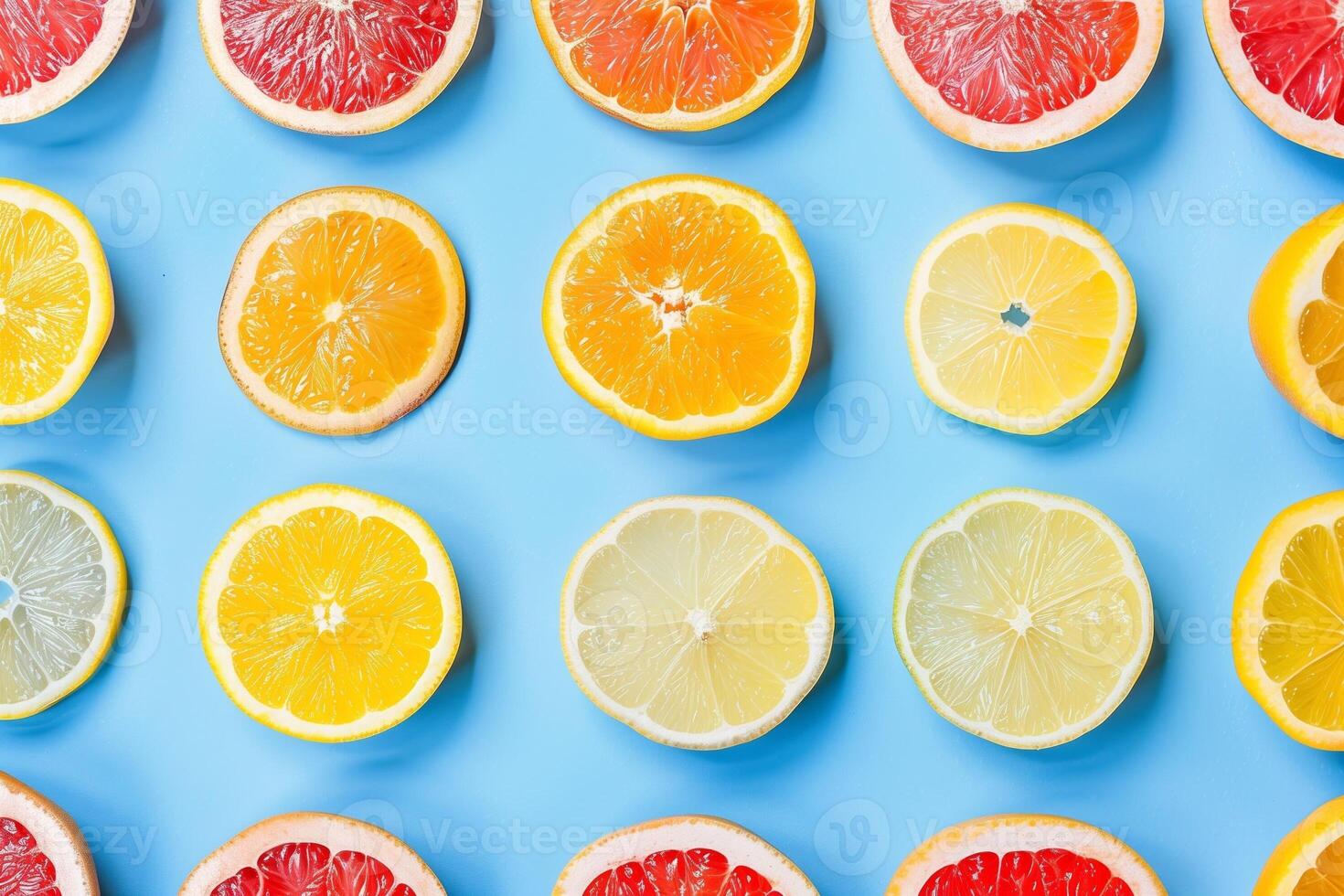 citrus slices layout on a blue to white gradient background photo