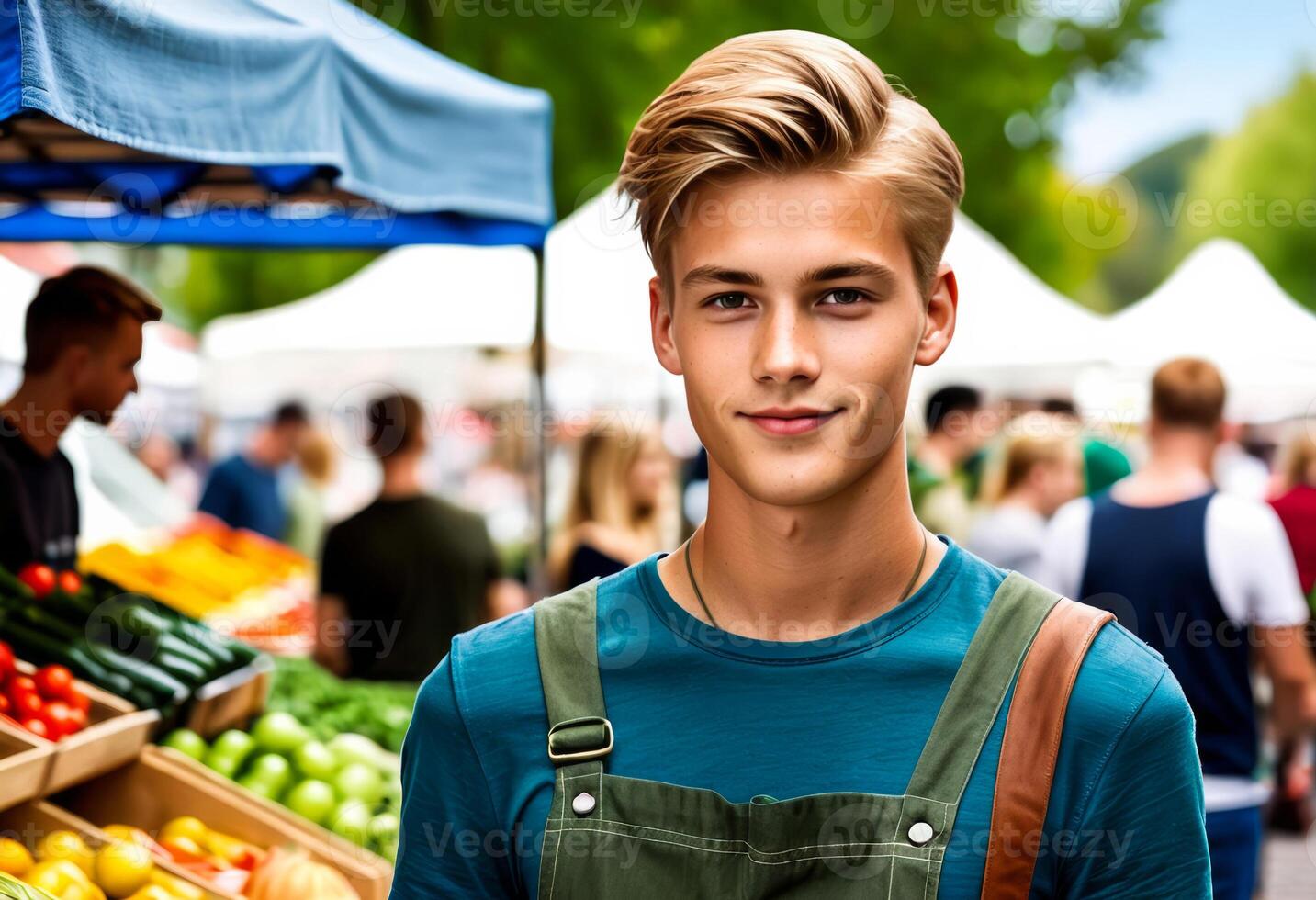 confidente joven caucásico masculino vendedor sonriente a un bullicioso agricultores mercado, destacando Fresco Produce y de emprendedor espíritu, ideal para pequeño negocio sábado foto