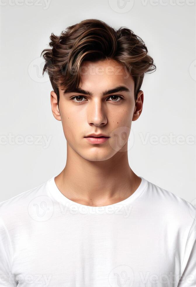 retrato de un joven caucásico masculino con elegante pelo posando en un llanura blanco t camisa, ideal para Moda y aseo temas foto