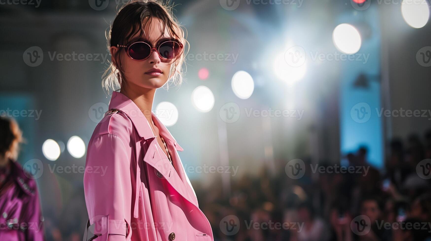 primavera Moda escaparate en París pista, modelo puntales pastel zanja Saco foto