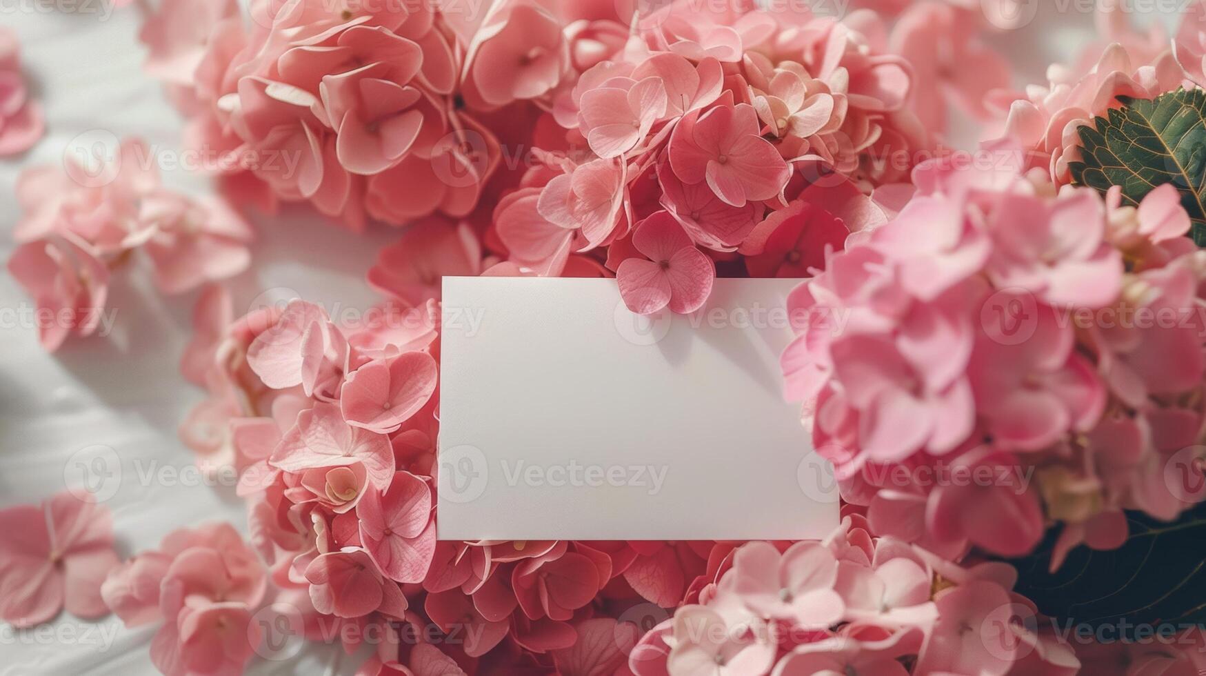 mockup of a white card beside pink hydrangea bouquet, soft pastel tones photo