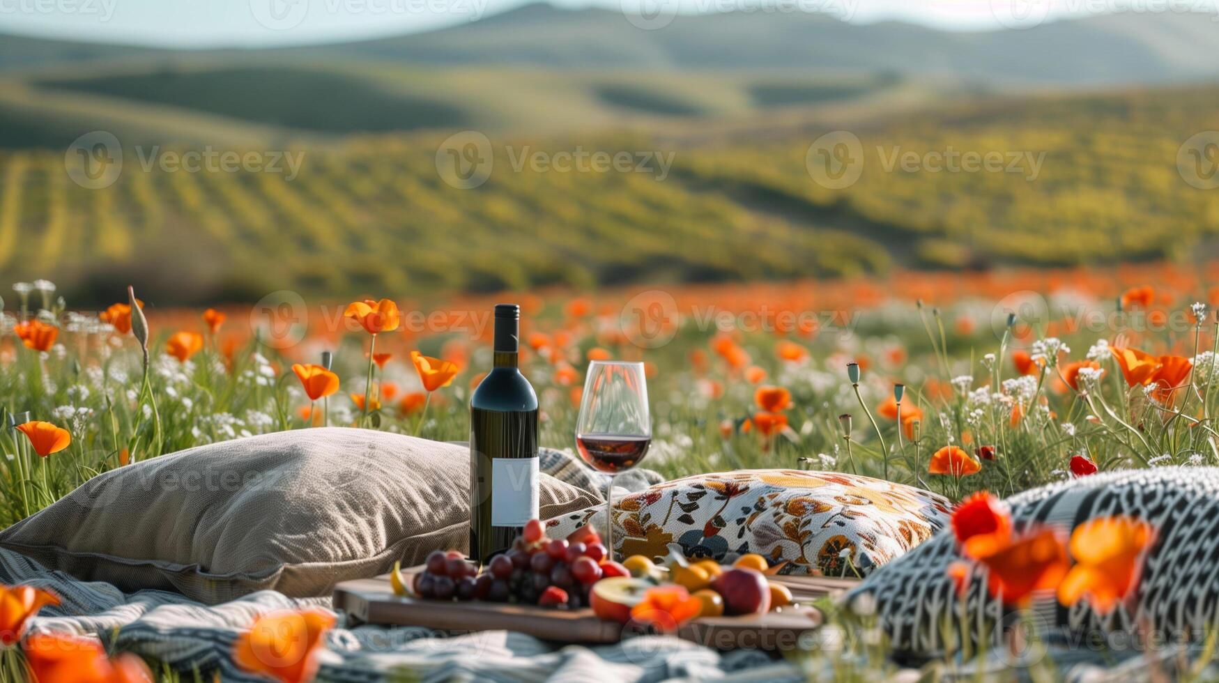 Perfecto foto, valores estilo foto idílico picnic ajuste en un amapola campo, completar con un botella de vino, fruta, y felpa almohadas para asientos