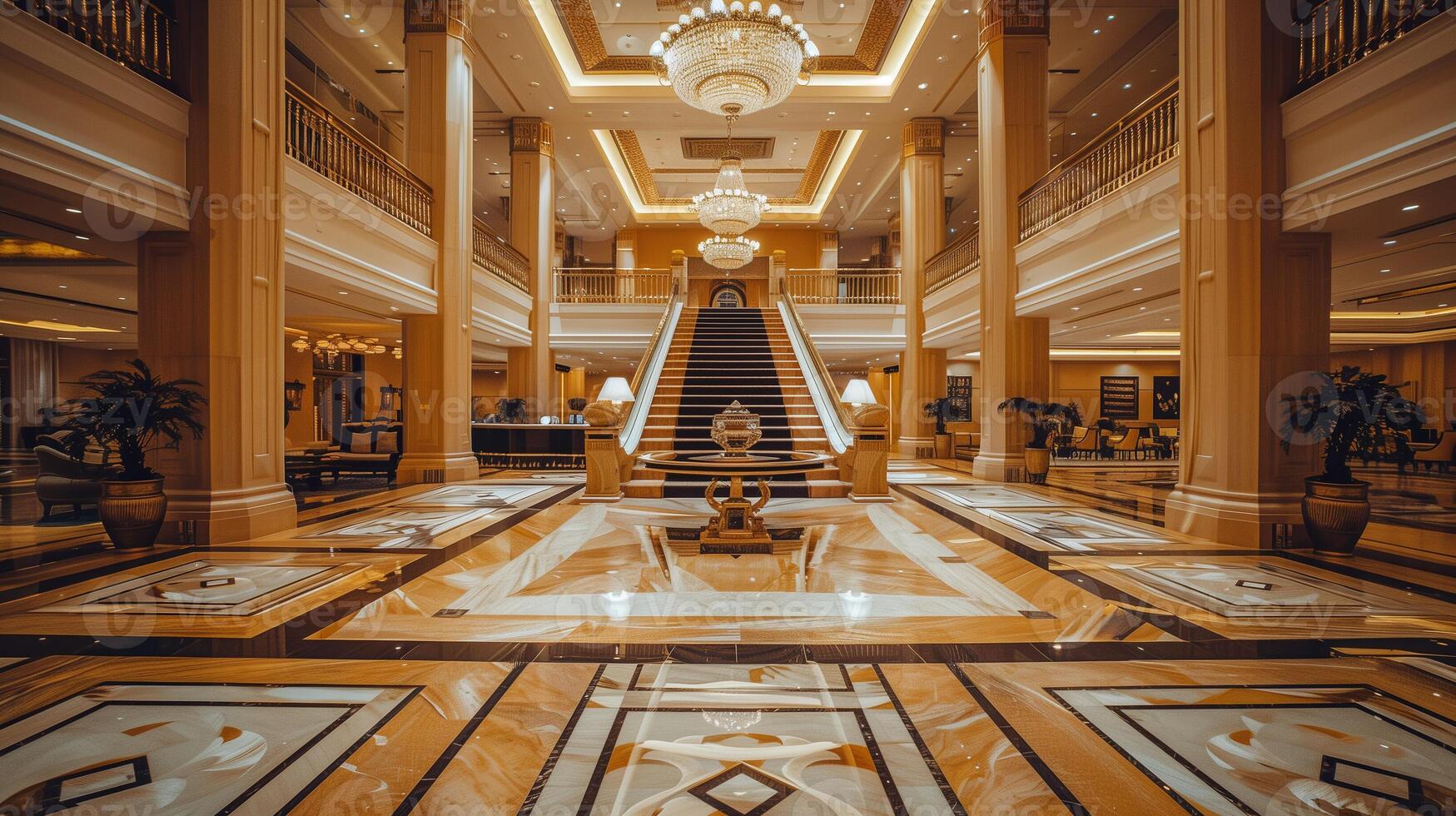 Opulent hotel lobby with grand staircase, chandeliers, and marble floors depicting luxury travel, hospitality industry, and high end real estate concepts photo