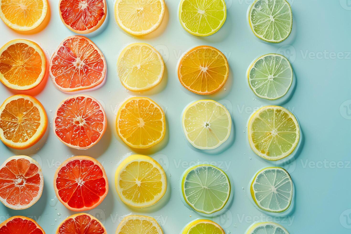 citrus slices layout on a blue to white gradient background photo