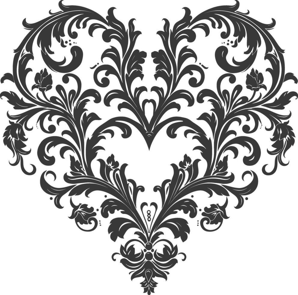 Silhouette Hearth shape Baroque ornament with filigree floral element black color only vector