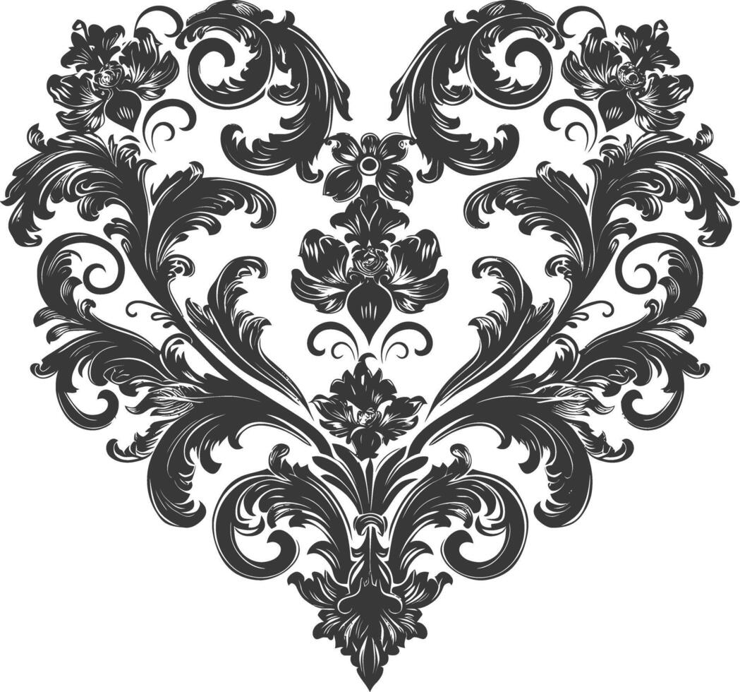 Silhouette Hearth shape Baroque ornament with filigree floral element black color only vector