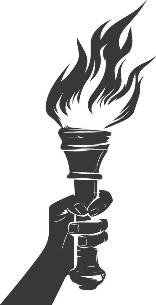 Silhouette hand holding burning torch black color only vector